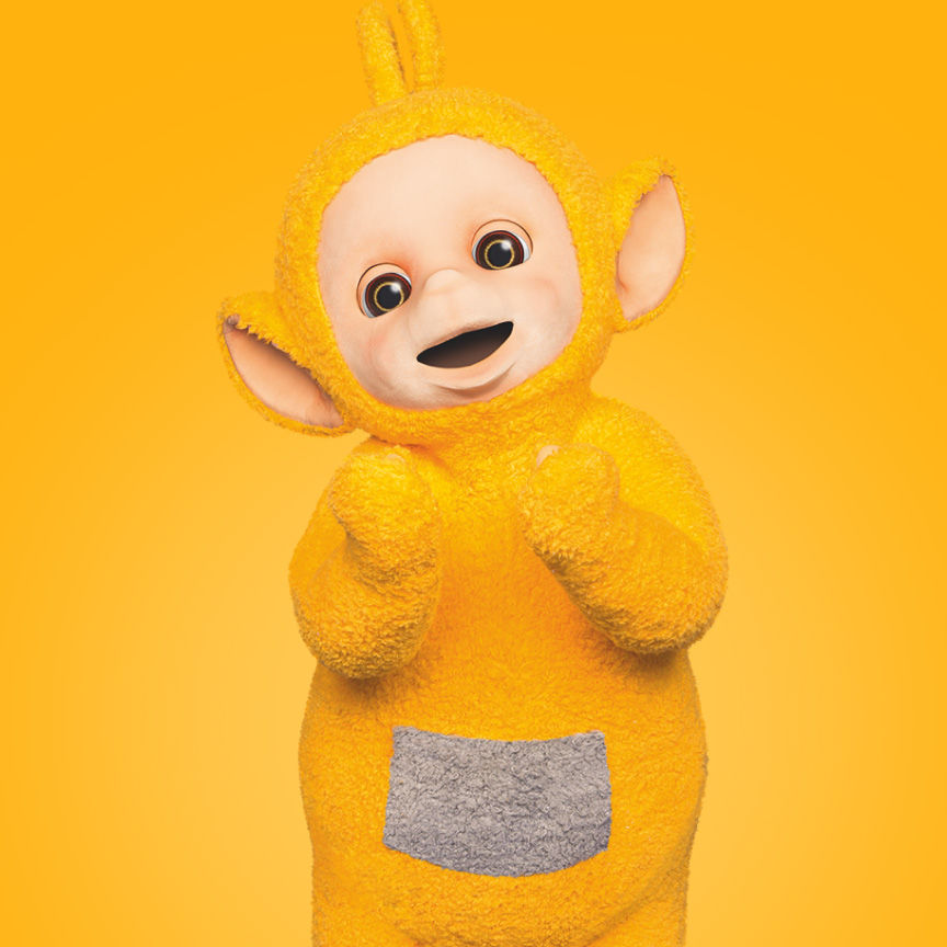 the yellow Teletubby Laa-Laa with a grey tummy and a curly antenna clapping