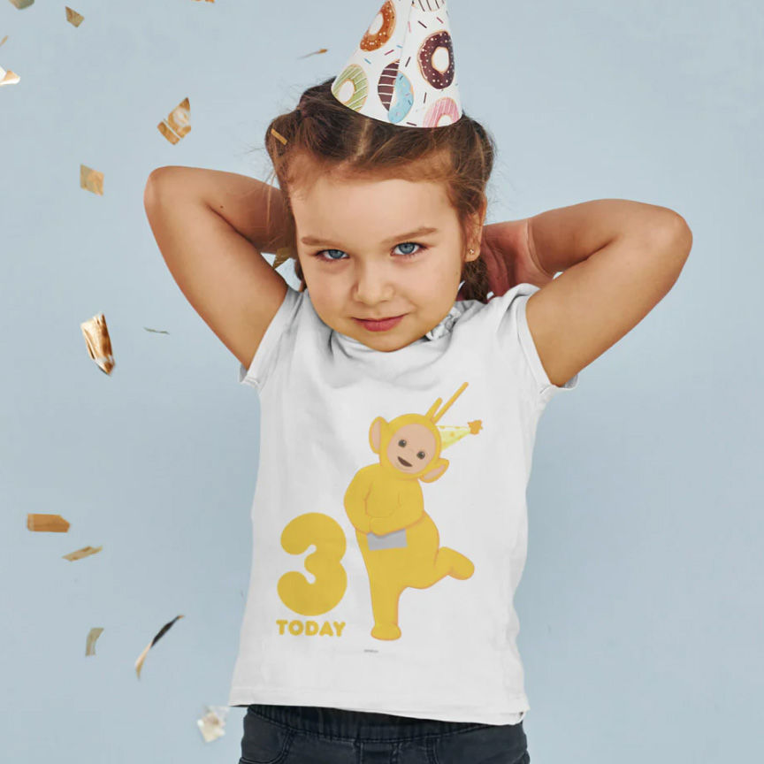 young girl wearing a white t-shirt with the Yellow Teletubby Laa-Laa