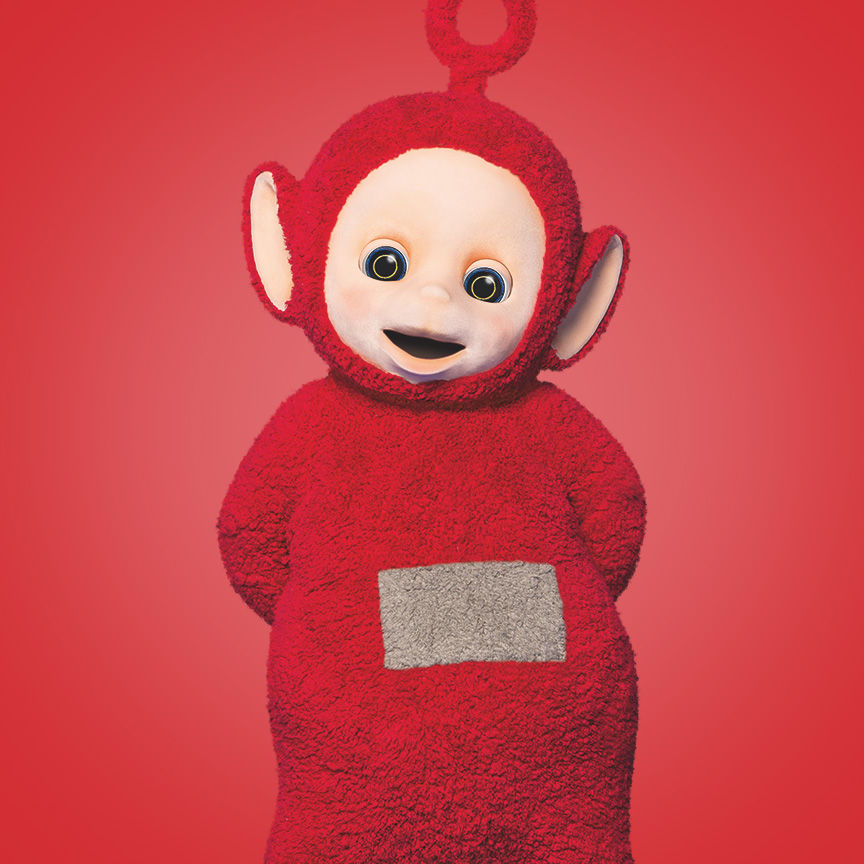 The Red Teletubby Po with a grey tummy and a circular antenna