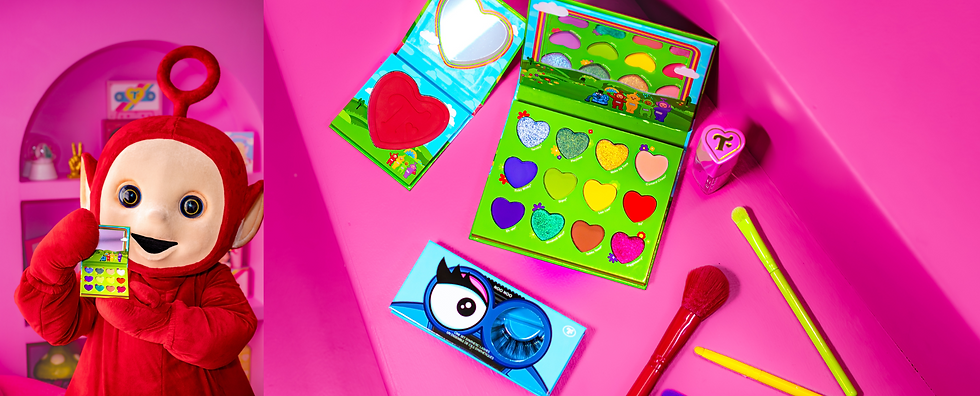 Collage of two images showing full Teletubbies x Trixie Cosmetics Collection. Left image shows Po, the red Teletubby, holding the eye shadow palette. Right image shows the blush, lashes, lip gloss, brushes, and eye shadow palette. 