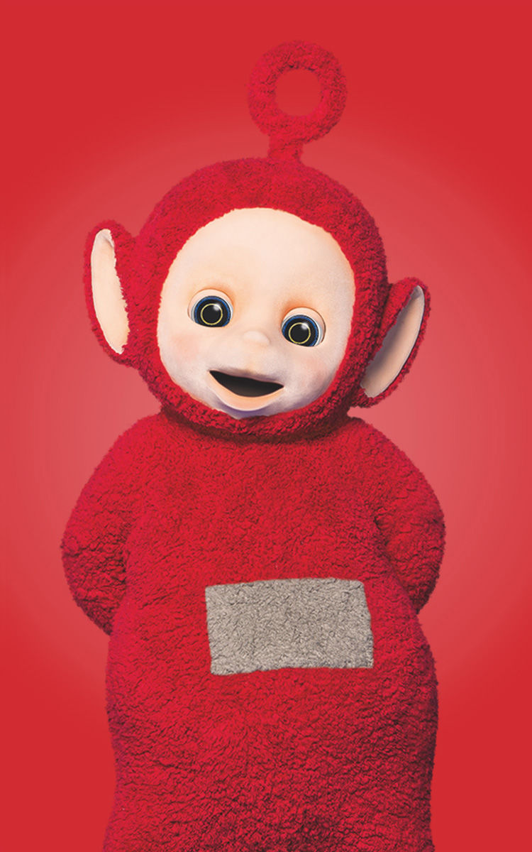 a red Teletubby with a grey tummy and a circular antenna