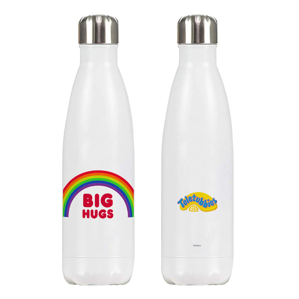 two white water bottles with a rainbow, Teletubbies logo and the words "Big Hugs"