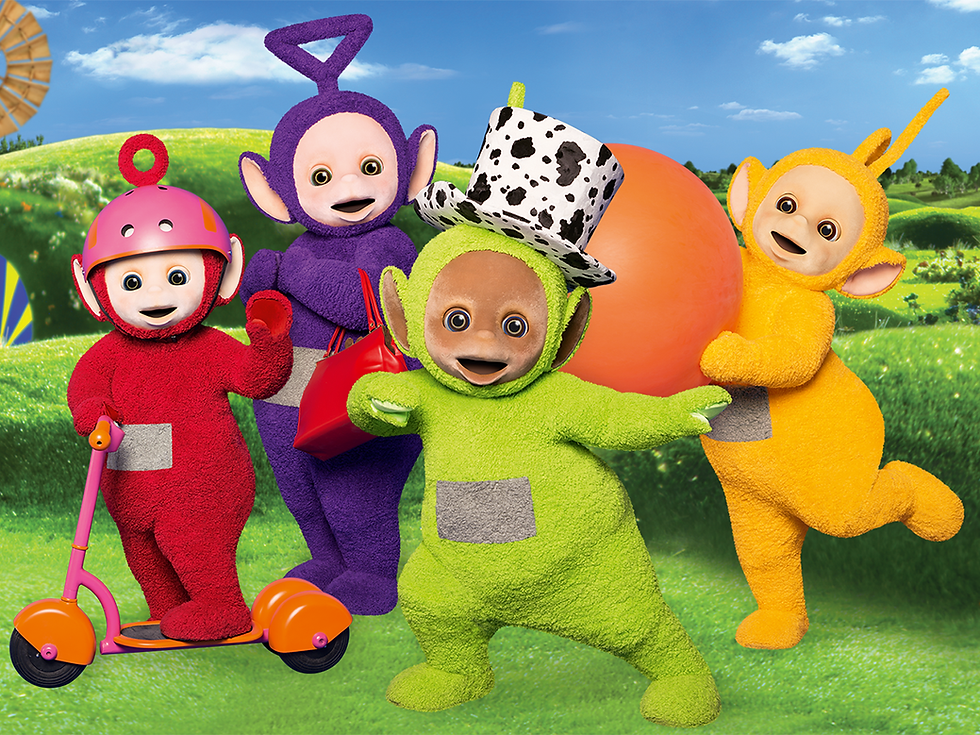 red, purple, green and yellow characters on a green hillside