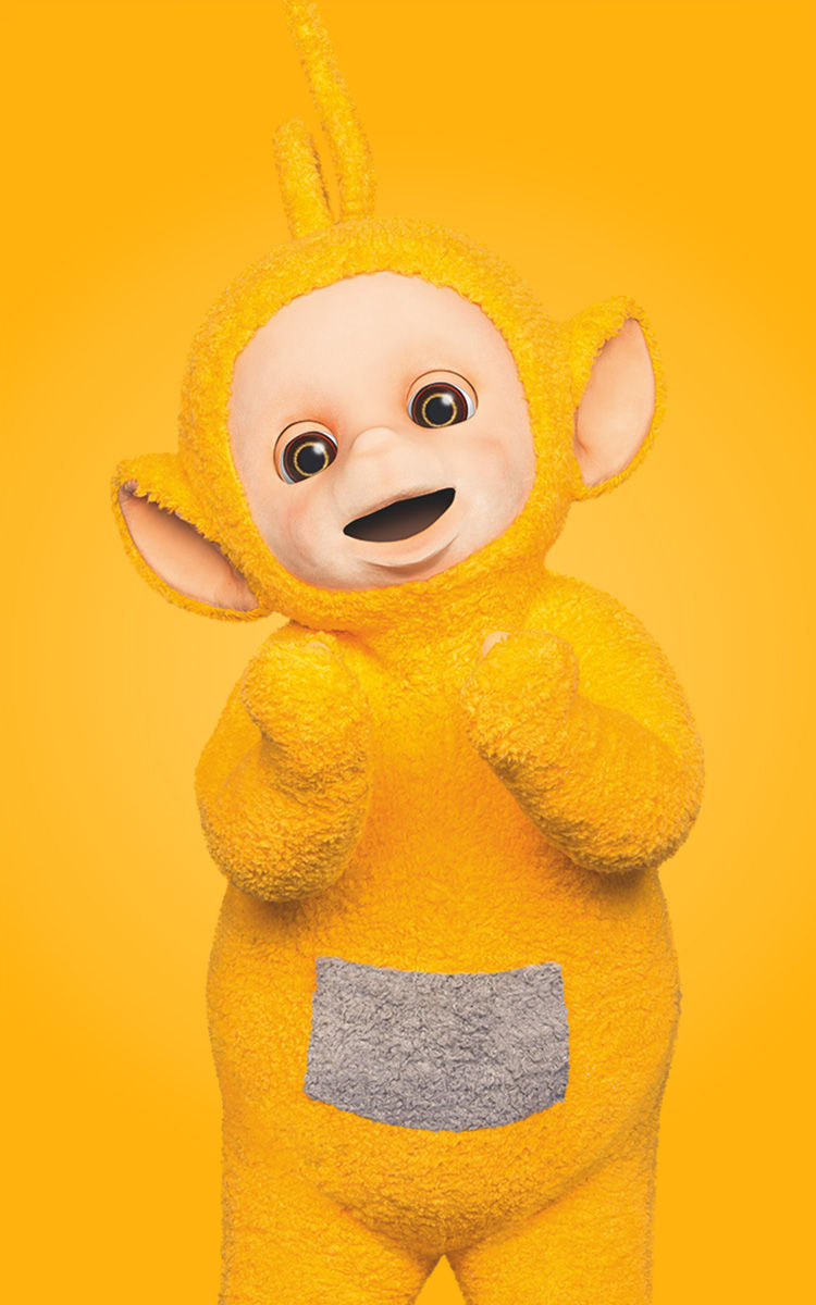 a yellow Teletubby Laa-Laa with a grey tummy and a curly antenna clapping
