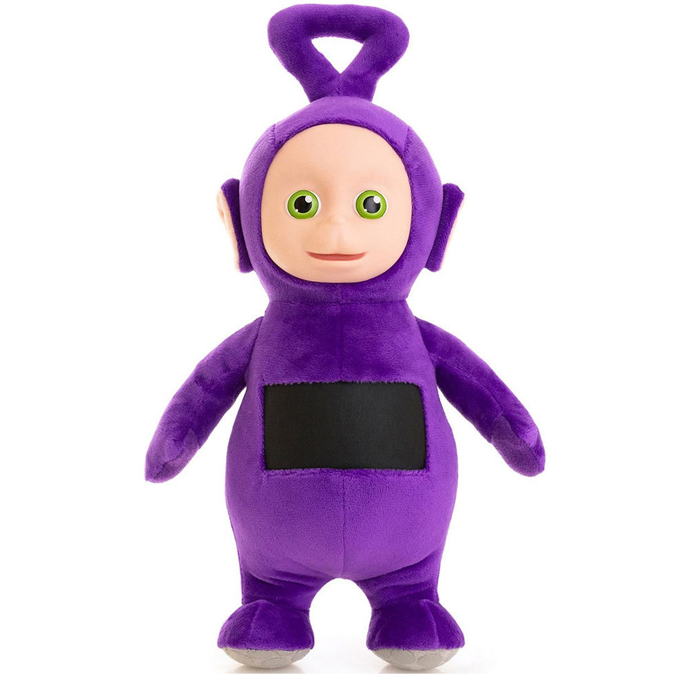 The purple Teletubby stuffed toy with a pink face and triangle antenna