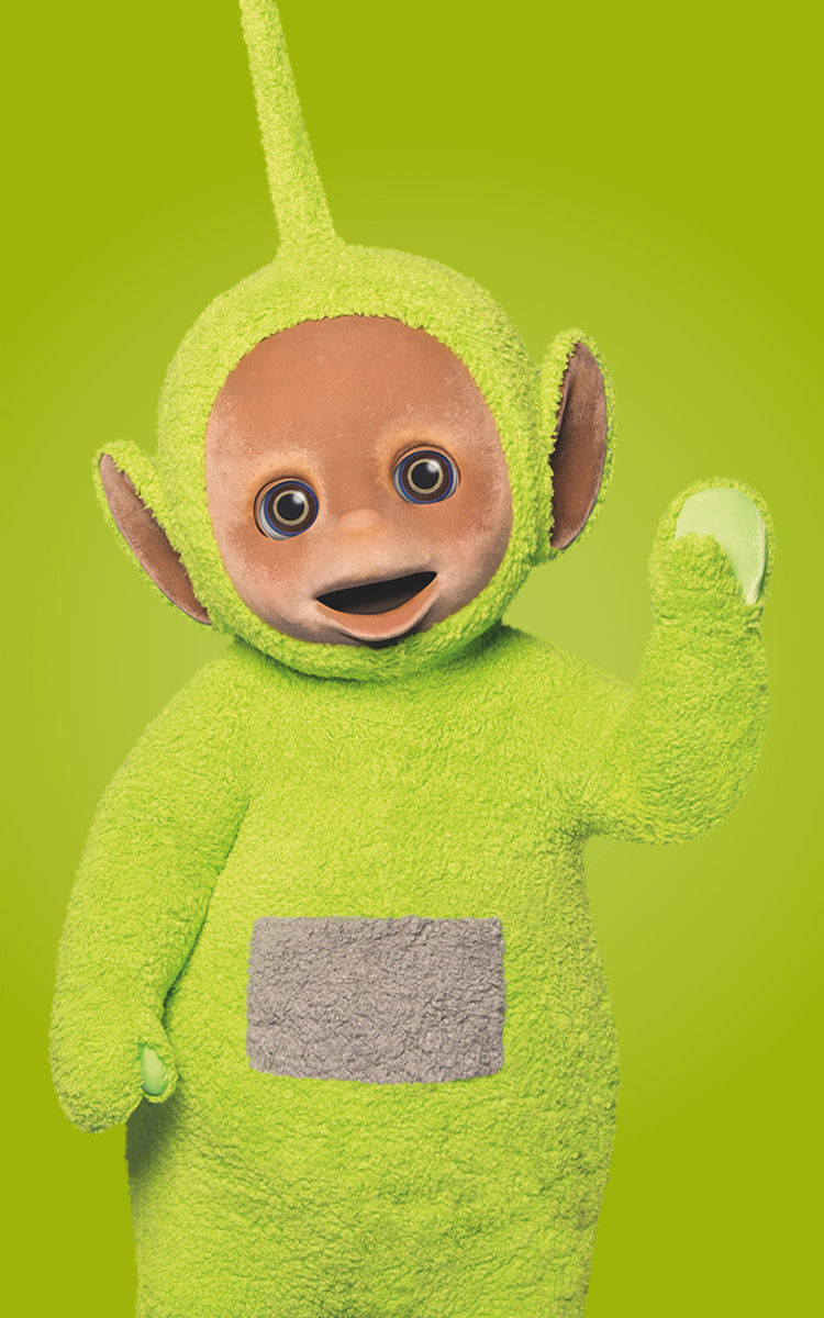 The green Teletubby Dipsy with a grey tummy and a pointy antenna waving