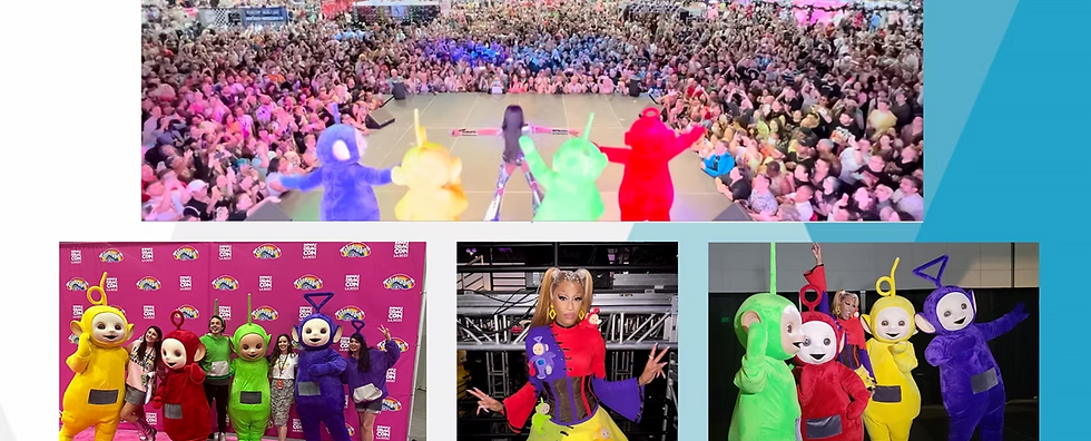 A collage of event photos including the Teletubbies on stage and posing with fans. 