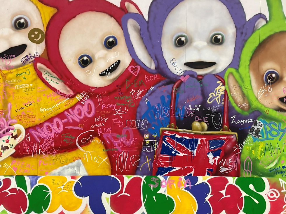 A collage of event photos including the Teletubbies on stage and posing with fans. 